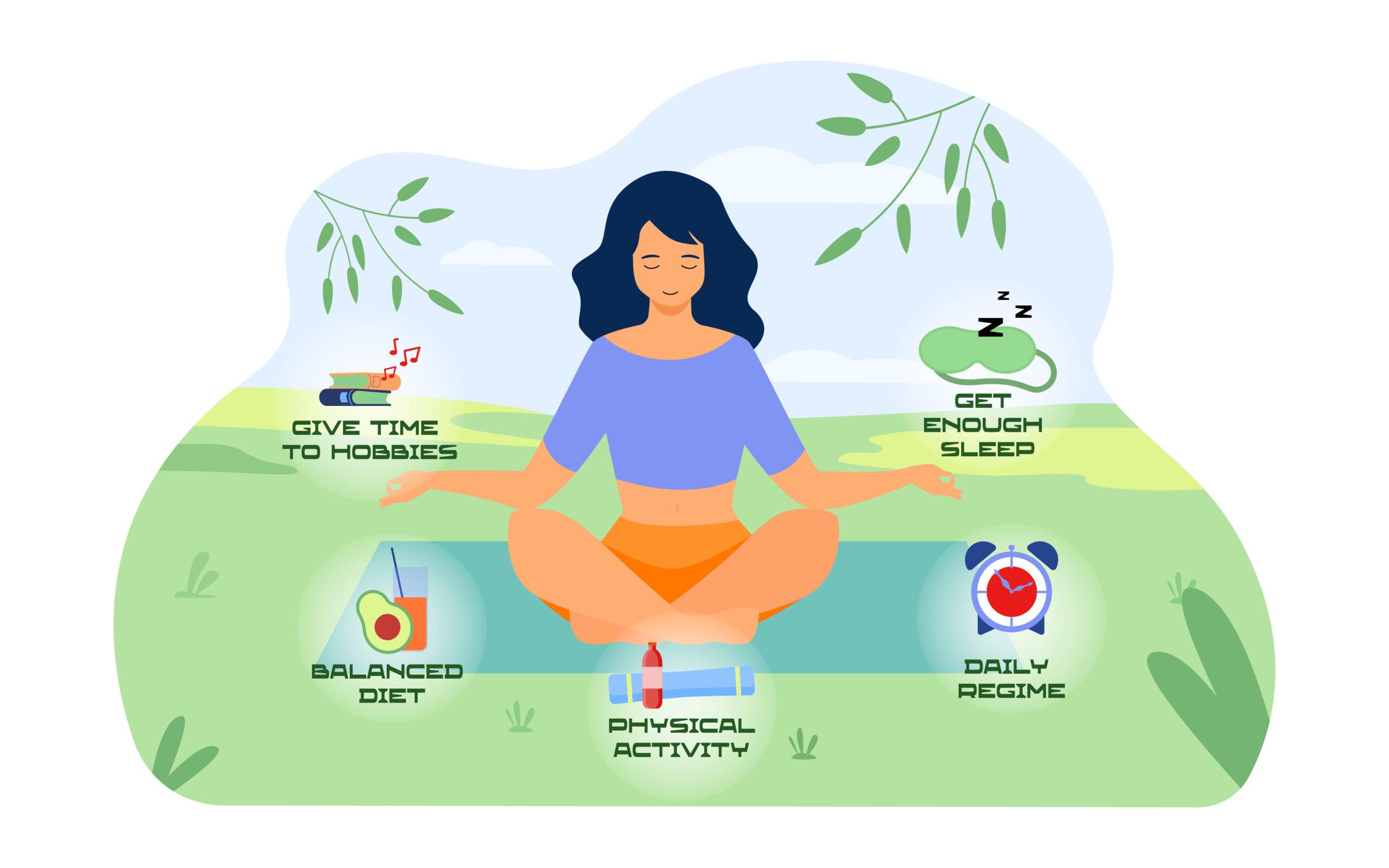 Woman in lotus position trying to find balance in life vector illustration. Physical activity, daily regime, balanced diet, getting enough sleep, having time for hobby. Stress relief, coping with things to do for the best life - Woman meditating